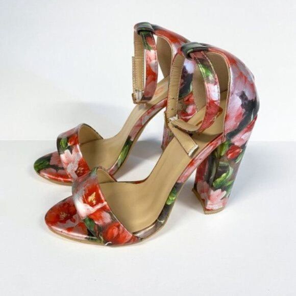 FSJ Flower Floral Open Toe Chunky Heels Ankle Strap Sandals Wedding Bridal Shoes - Picture 3 of 5